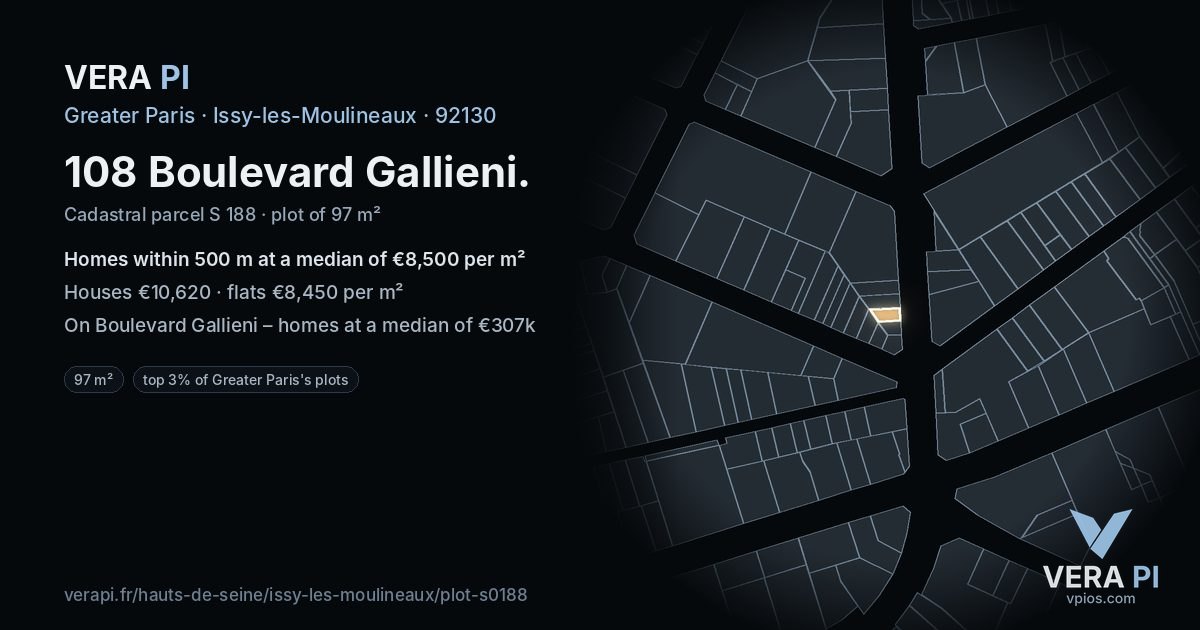 108 Boulevard Gallieni, Issy-les-Moulineaux at night – the plot lit, the parcels around coloured by the prices near them