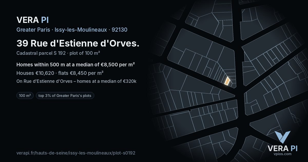 39 Rue d'Estienne d'Orves, Issy-les-Moulineaux at night – the plot lit, the parcels around coloured by the prices near them
