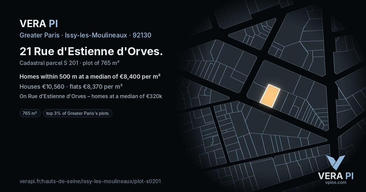 21 Rue d'Estienne d'Orves, Issy-les-Moulineaux at night – the plot lit, the parcels around coloured by the prices near them