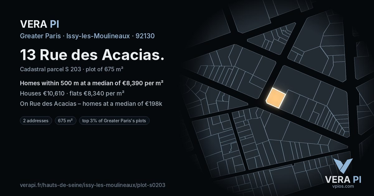 13 Rue des Acacias, Issy-les-Moulineaux at night – the plot lit, the parcels around coloured by the prices near them