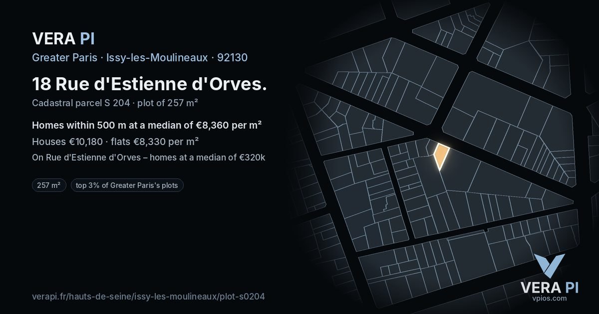 18 Rue d'Estienne d'Orves, Issy-les-Moulineaux at night – the plot lit, the parcels around coloured by the prices near them