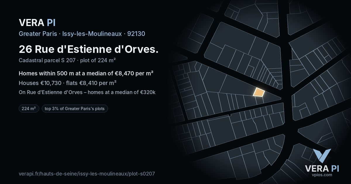 26 Rue d'Estienne d'Orves, Issy-les-Moulineaux at night – the plot lit, the parcels around coloured by the prices near them