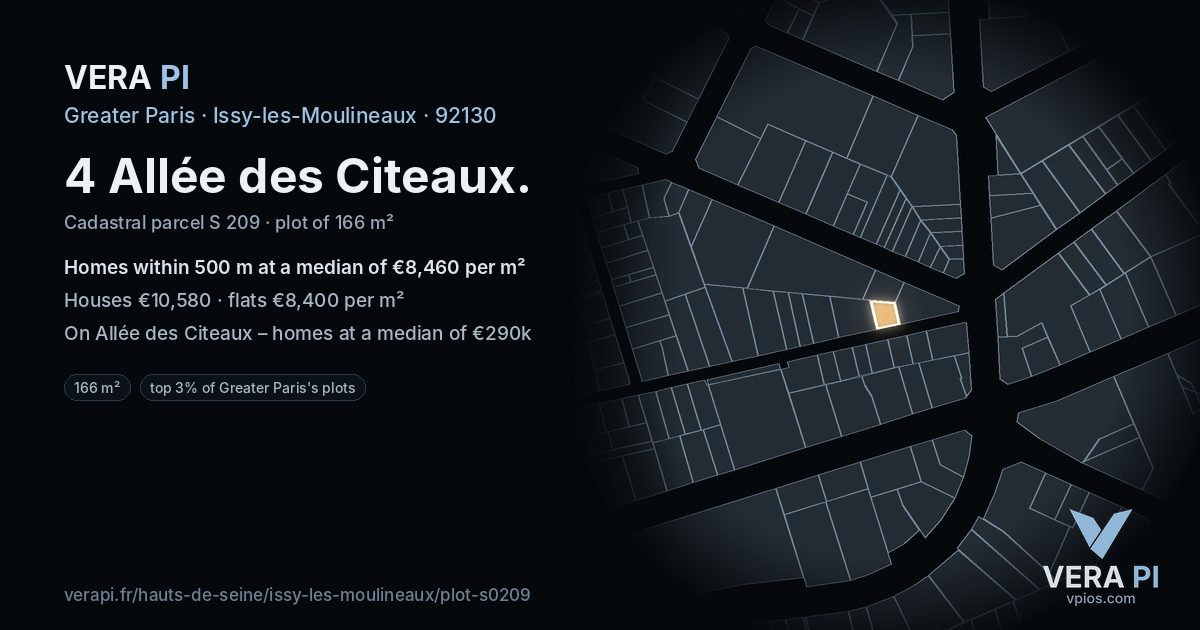 4 Allée des Citeaux, Issy-les-Moulineaux at night – the plot lit, the parcels around coloured by the prices near them