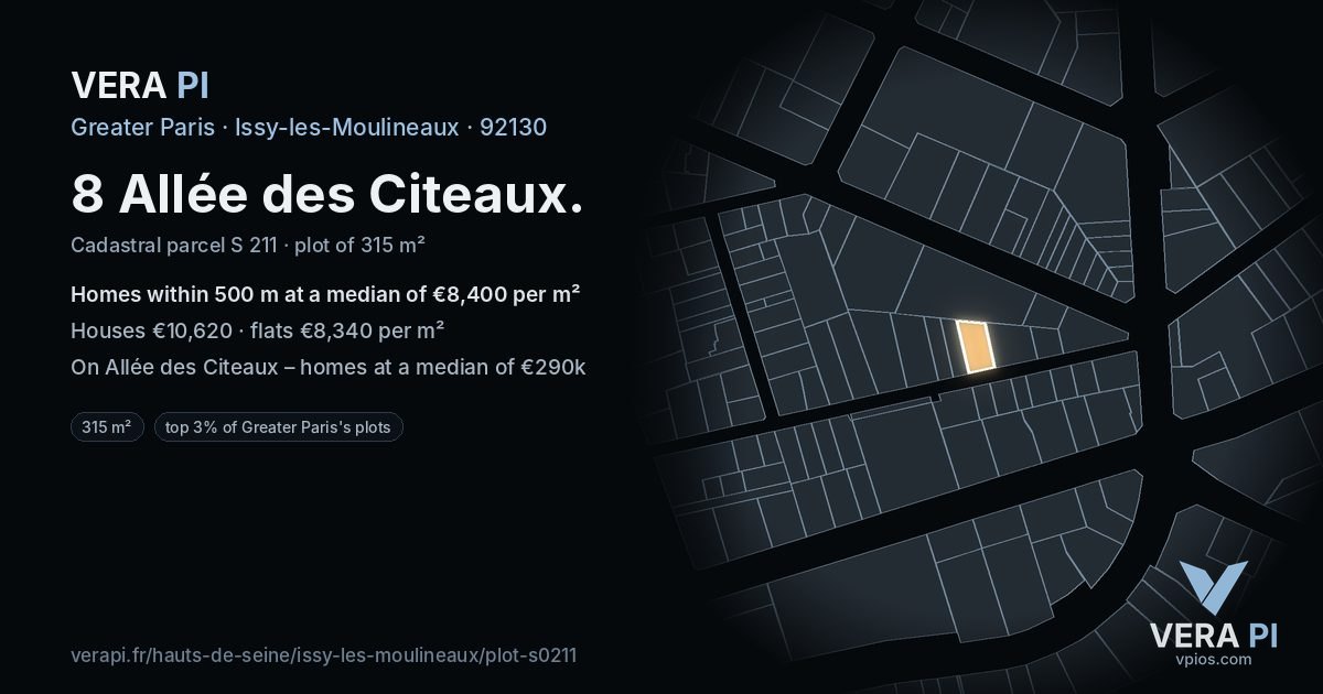 8 Allée des Citeaux, Issy-les-Moulineaux at night – the plot lit, the parcels around coloured by the prices near them