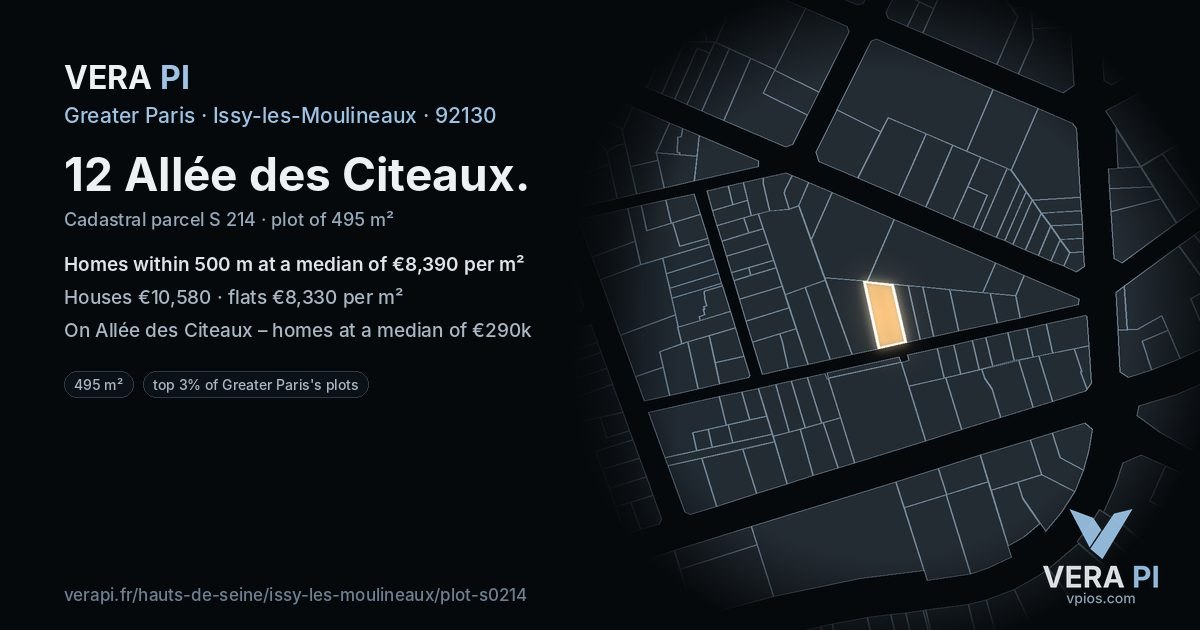 12 Allée des Citeaux, Issy-les-Moulineaux at night – the plot lit, the parcels around coloured by the prices near them