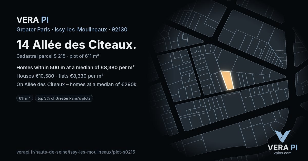14 Allée des Citeaux, Issy-les-Moulineaux at night – the plot lit, the parcels around coloured by the prices near them