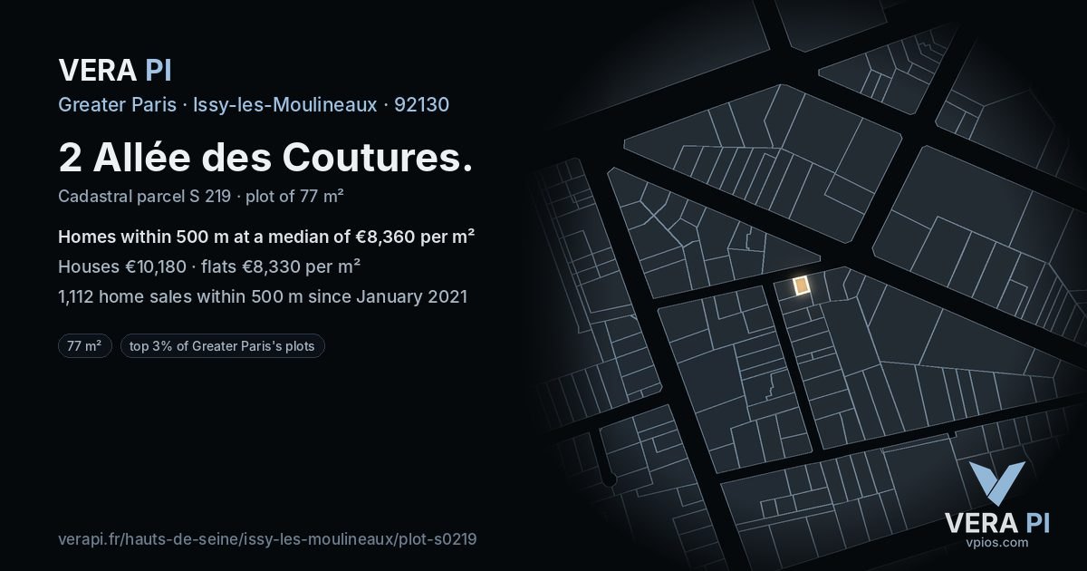 2 Allée des Coutures, Issy-les-Moulineaux at night – the plot lit, the parcels around coloured by the prices near them