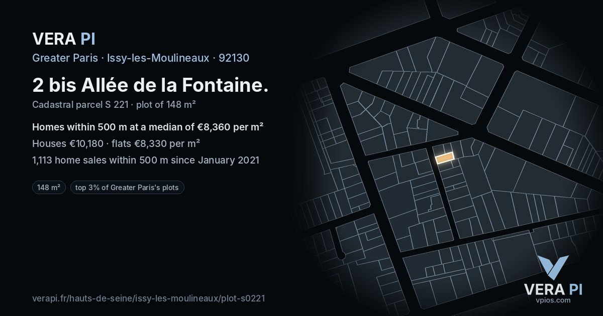 2 bis Allée de la Fontaine, Issy-les-Moulineaux at night – the plot lit, the parcels around coloured by the prices near them