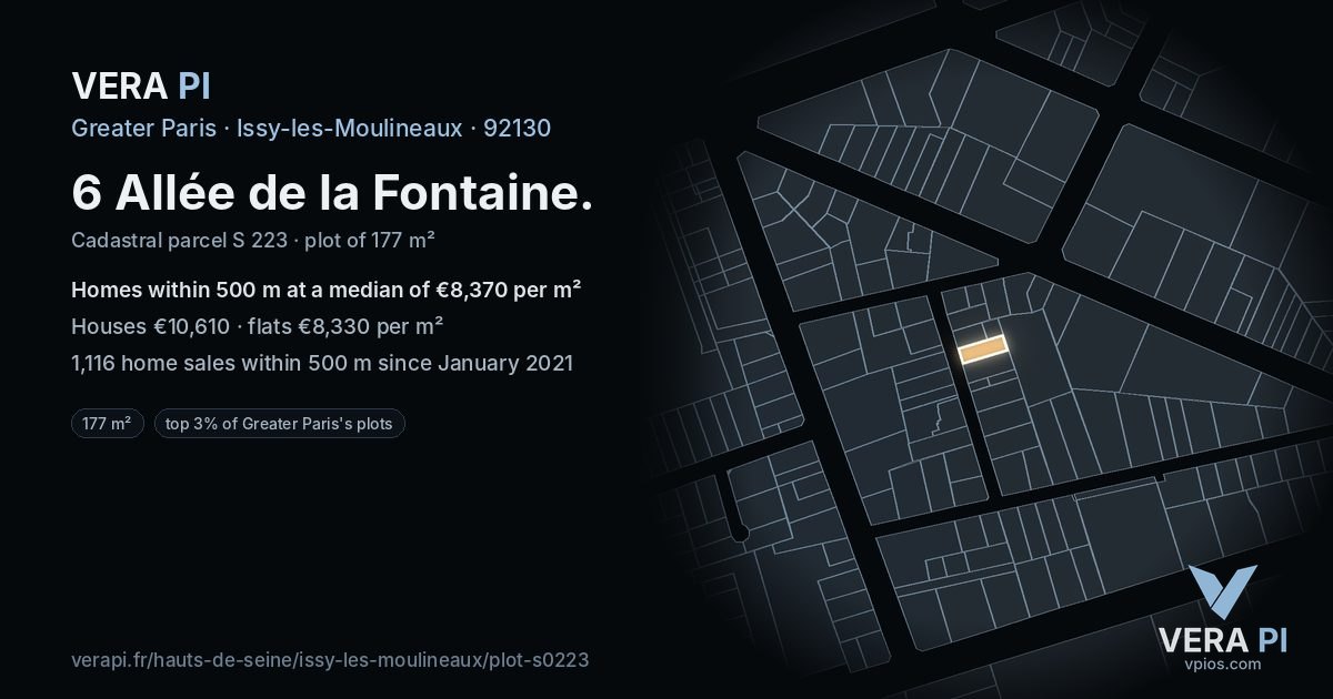 6 Allée de la Fontaine, Issy-les-Moulineaux at night – the plot lit, the parcels around coloured by the prices near them
