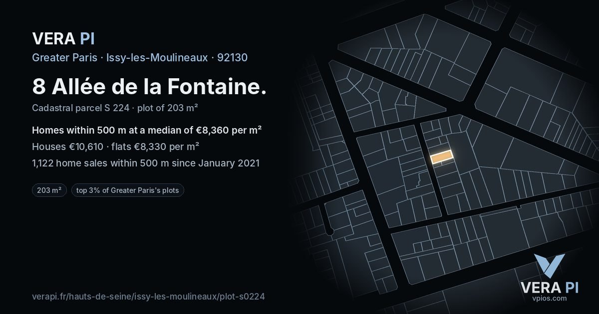 8 Allée de la Fontaine, Issy-les-Moulineaux at night – the plot lit, the parcels around coloured by the prices near them
