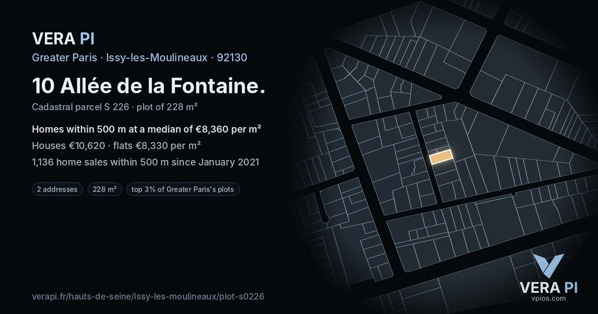10 Allée de la Fontaine, Issy-les-Moulineaux at night – the plot lit, the parcels around coloured by the prices near them