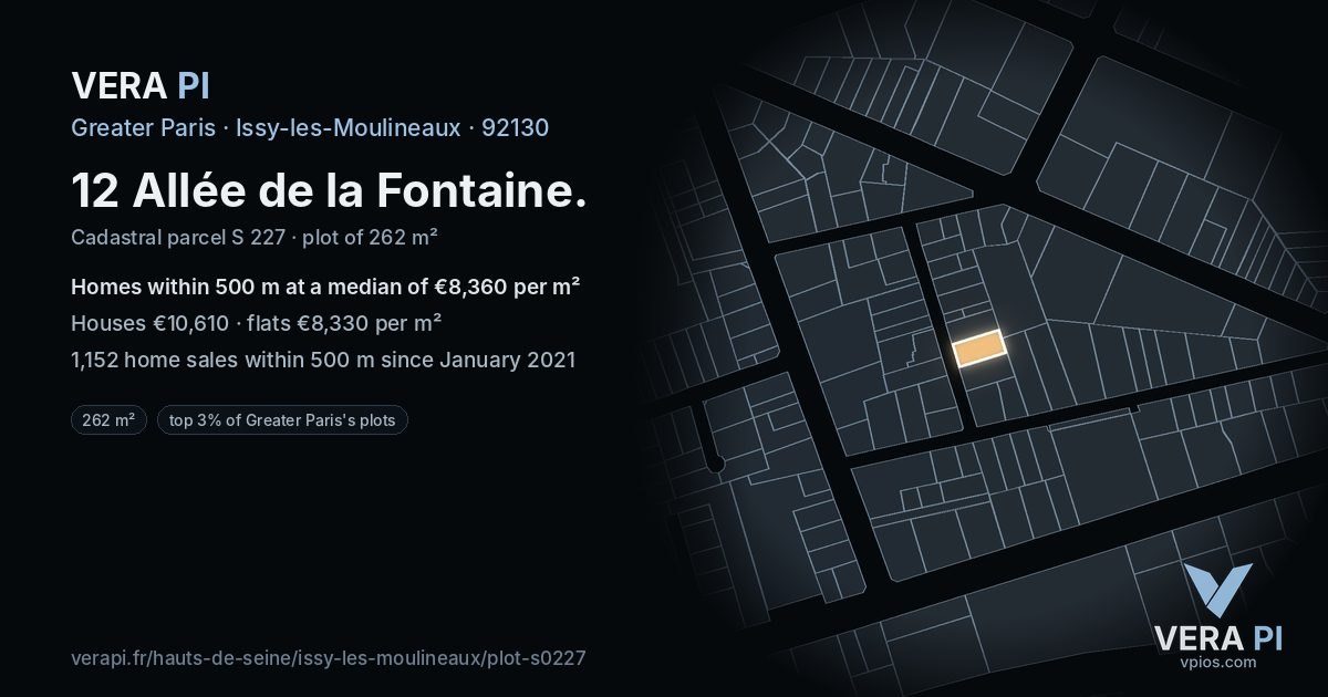 12 Allée de la Fontaine, Issy-les-Moulineaux at night – the plot lit, the parcels around coloured by the prices near them