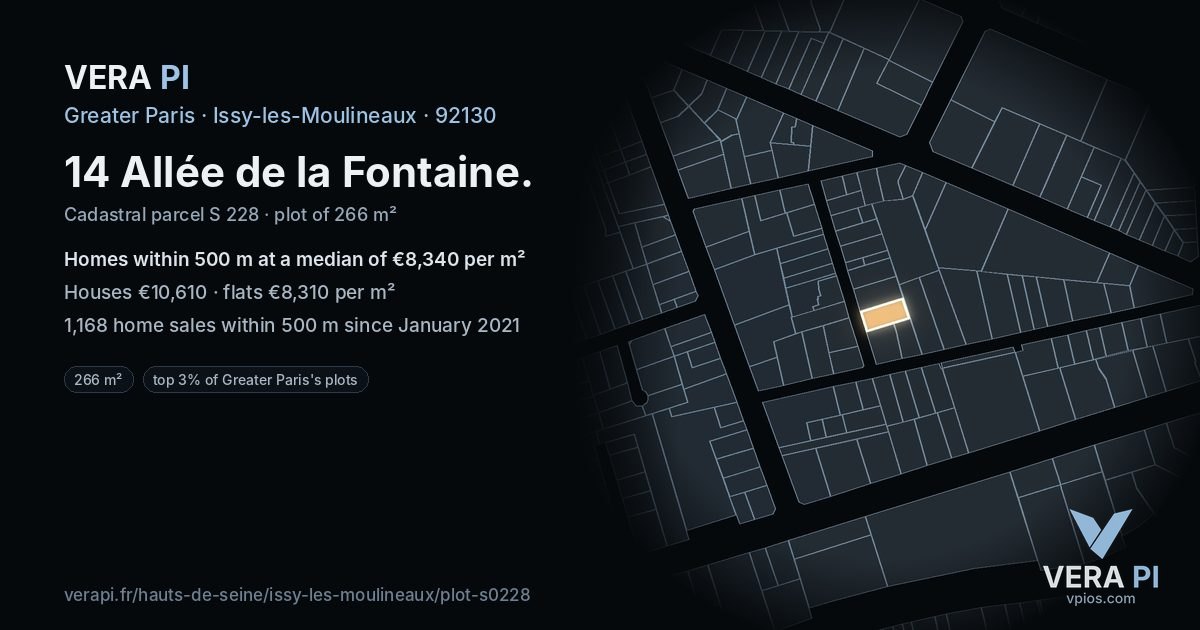 14 Allée de la Fontaine, Issy-les-Moulineaux at night – the plot lit, the parcels around coloured by the prices near them