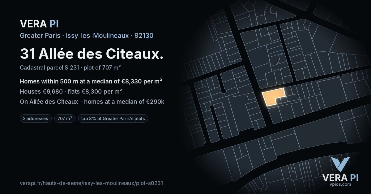31 Allée des Citeaux, Issy-les-Moulineaux at night – the plot lit, the parcels around coloured by the prices near them