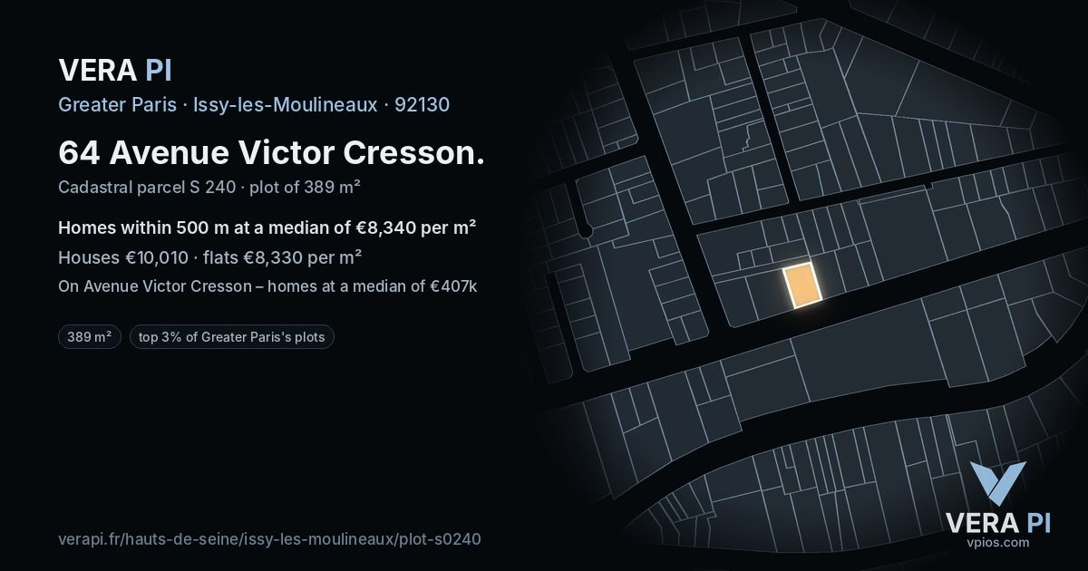 64 Avenue Victor Cresson, Issy-les-Moulineaux at night – the plot lit, the parcels around coloured by the prices near them