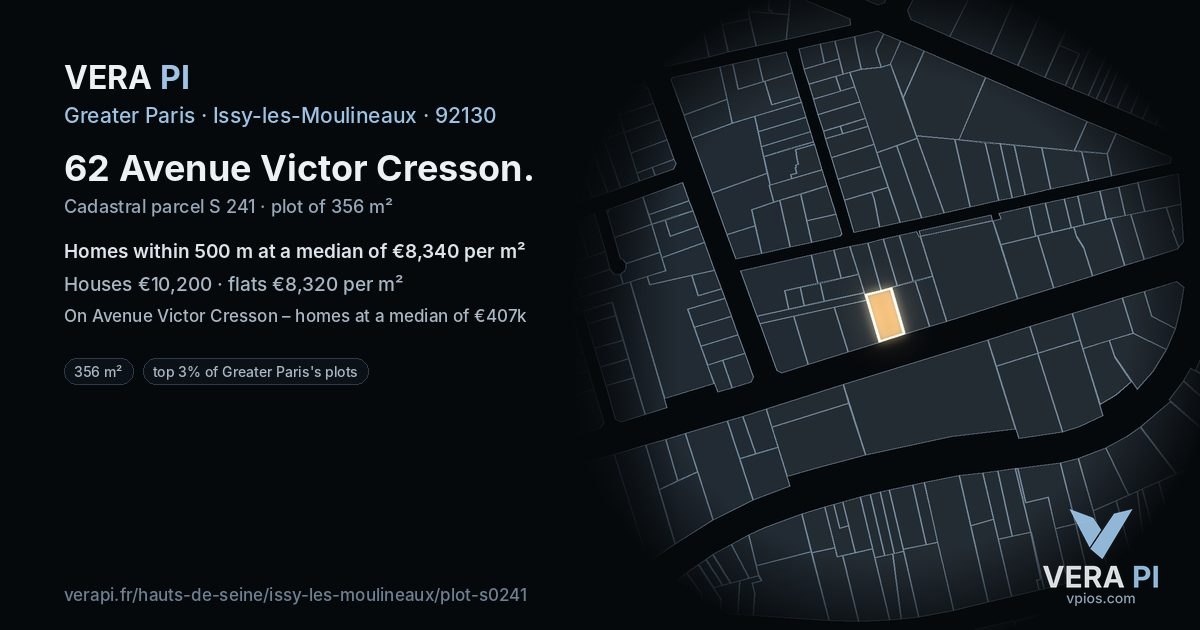 62 Avenue Victor Cresson, Issy-les-Moulineaux at night – the plot lit, the parcels around coloured by the prices near them