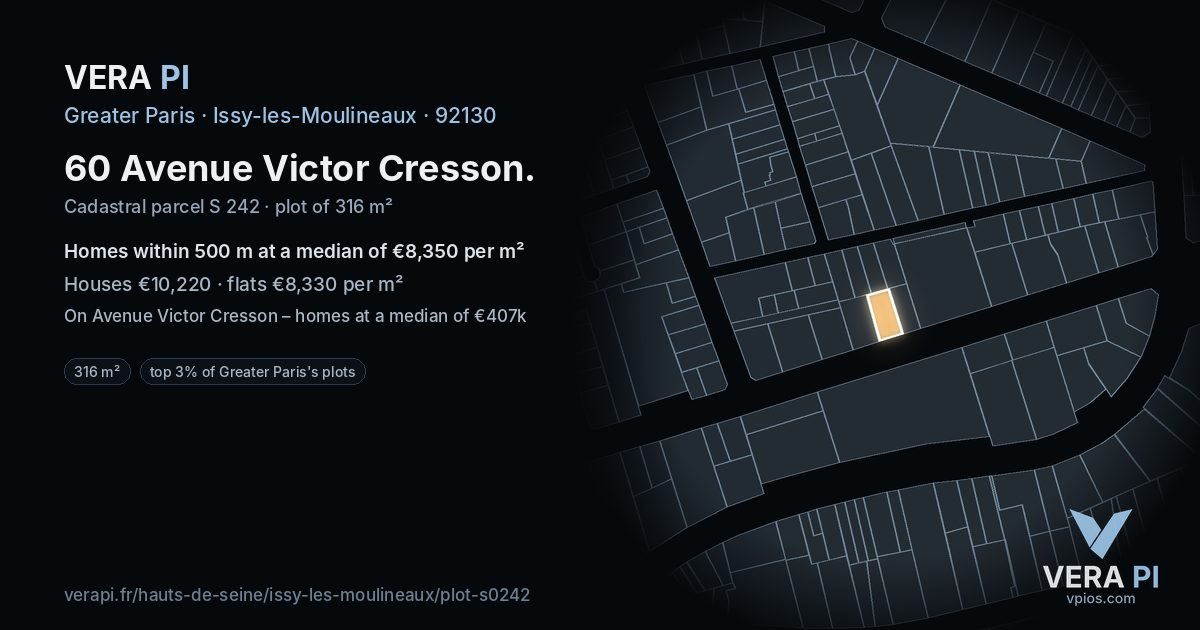 60 Avenue Victor Cresson, Issy-les-Moulineaux at night – the plot lit, the parcels around coloured by the prices near them