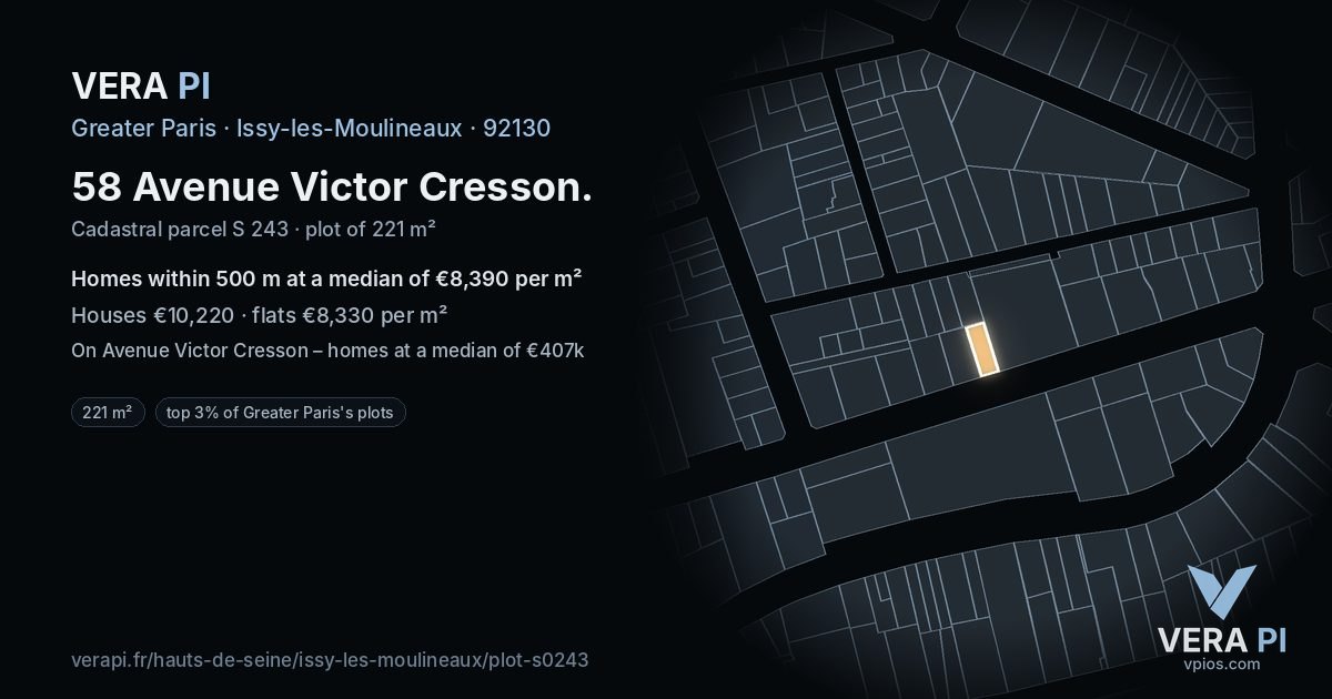 58 Avenue Victor Cresson, Issy-les-Moulineaux at night – the plot lit, the parcels around coloured by the prices near them