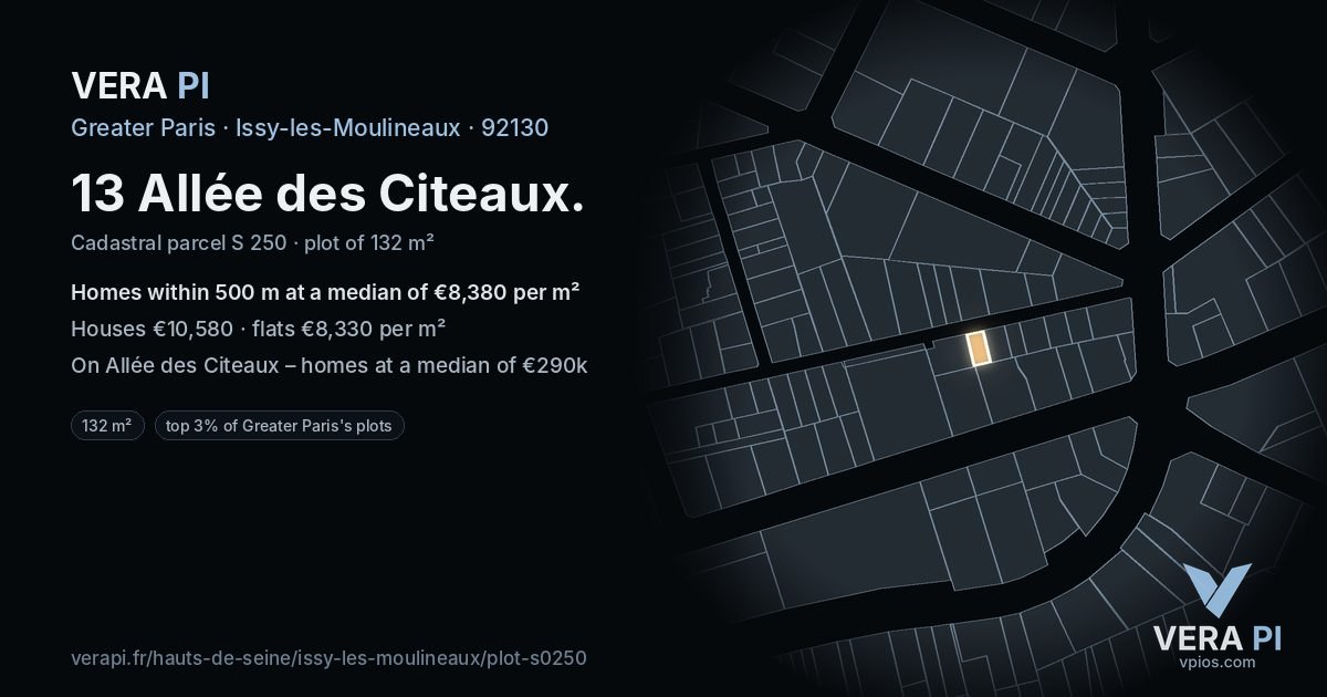 13 Allée des Citeaux, Issy-les-Moulineaux at night – the plot lit, the parcels around coloured by the prices near them