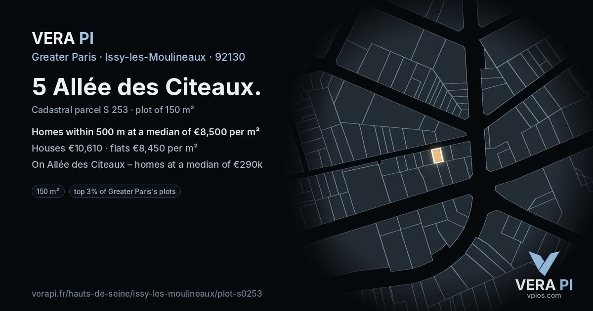 5 Allée des Citeaux, Issy-les-Moulineaux at night – the plot lit, the parcels around coloured by the prices near them