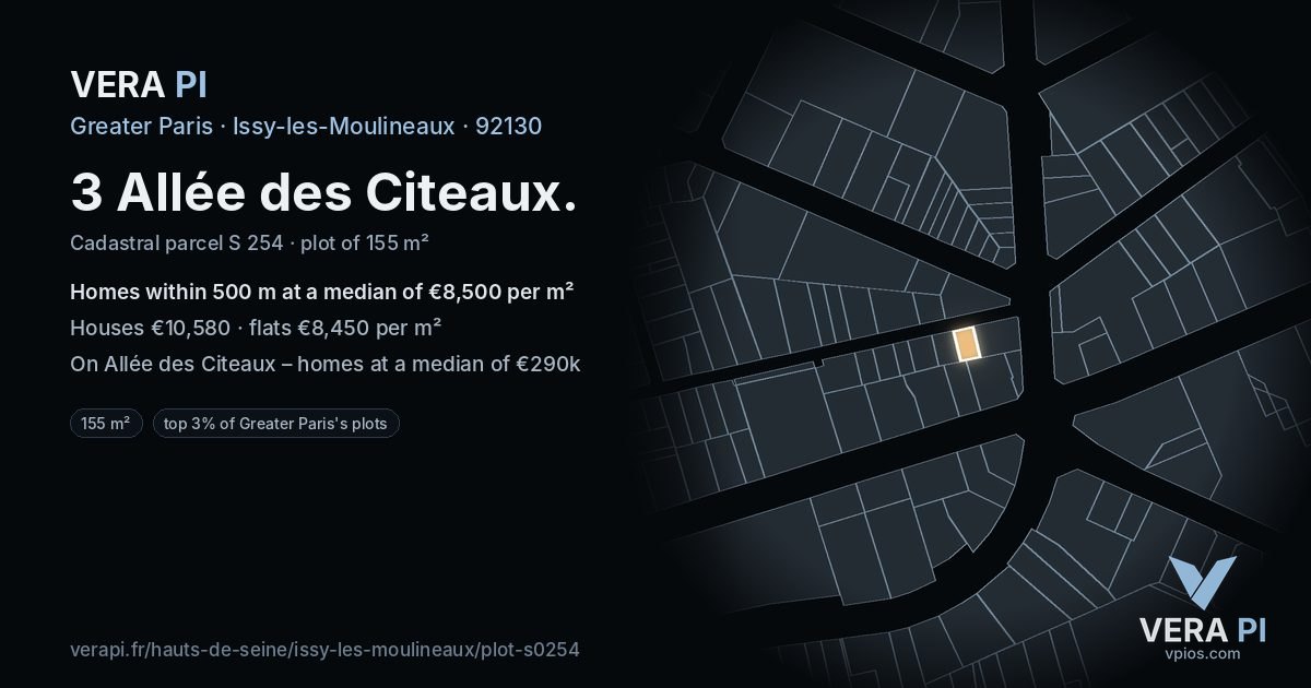 3 Allée des Citeaux, Issy-les-Moulineaux at night – the plot lit, the parcels around coloured by the prices near them