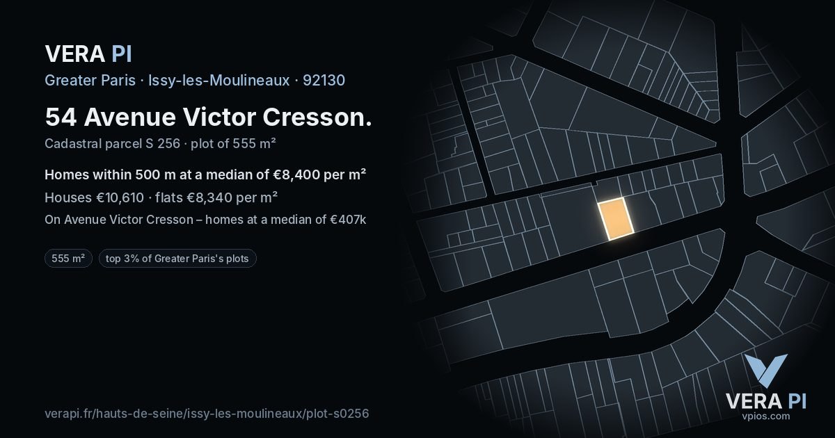 54 Avenue Victor Cresson, Issy-les-Moulineaux at night – the plot lit, the parcels around coloured by the prices near them