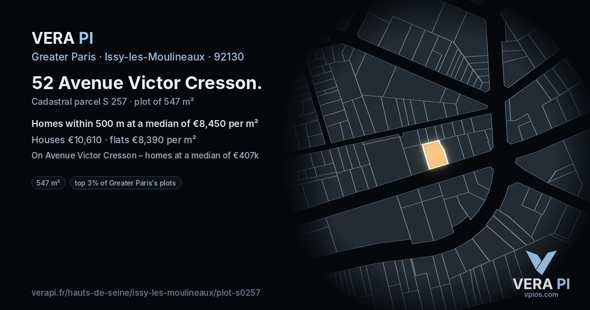 52 Avenue Victor Cresson, Issy-les-Moulineaux at night – the plot lit, the parcels around coloured by the prices near them