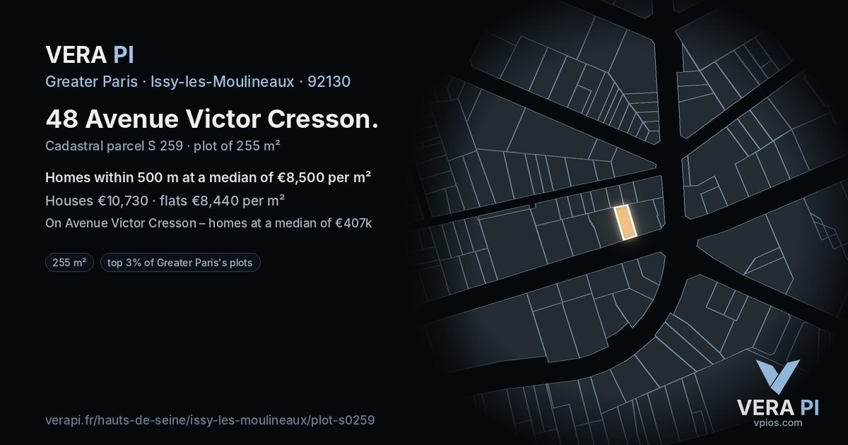 48 Avenue Victor Cresson, Issy-les-Moulineaux at night – the plot lit, the parcels around coloured by the prices near them