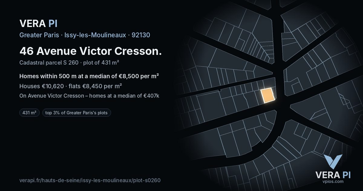 46 Avenue Victor Cresson, Issy-les-Moulineaux at night – the plot lit, the parcels around coloured by the prices near them