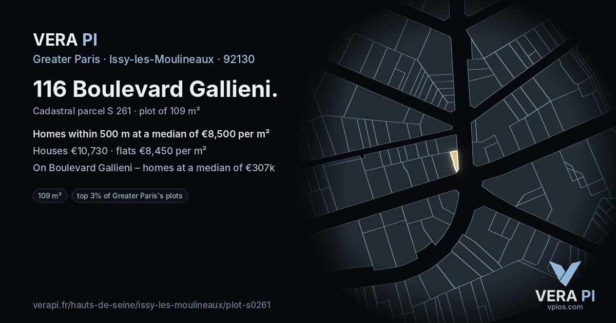 116 Boulevard Gallieni, Issy-les-Moulineaux at night – the plot lit, the parcels around coloured by the prices near them