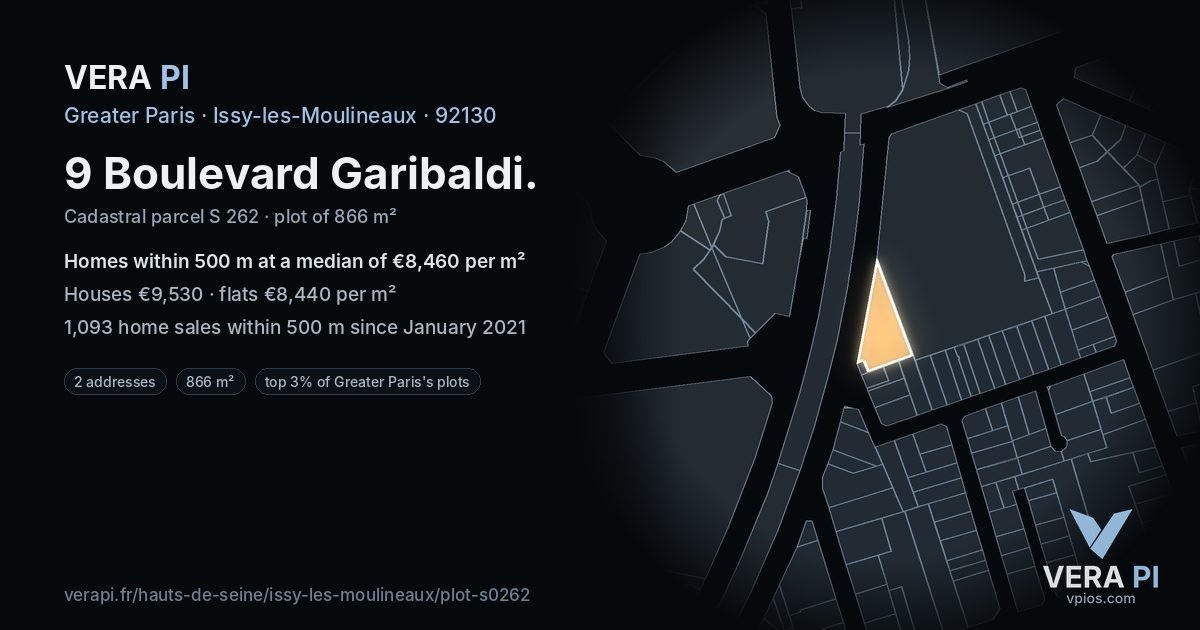 9 Boulevard Garibaldi, Issy-les-Moulineaux at night – the plot lit, the parcels around coloured by the prices near them