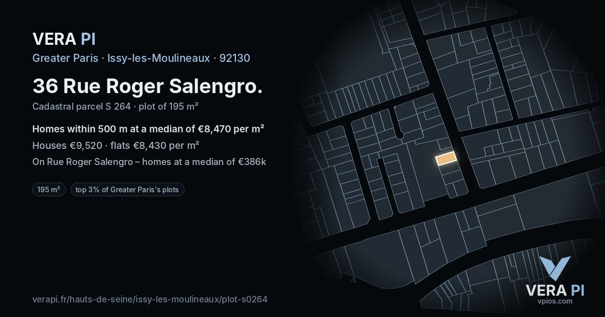 36 Rue Roger Salengro, Issy-les-Moulineaux at night – the plot lit, the parcels around coloured by the prices near them