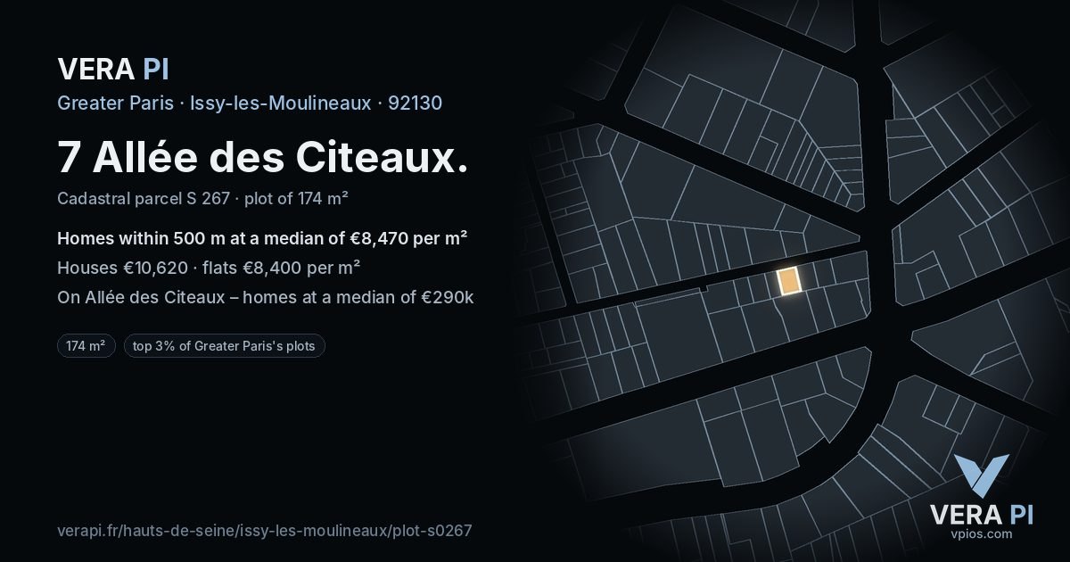 7 Allée des Citeaux, Issy-les-Moulineaux at night – the plot lit, the parcels around coloured by the prices near them