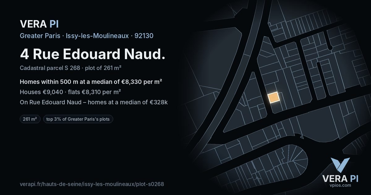 4 Rue Edouard Naud, Issy-les-Moulineaux at night – the plot lit, the parcels around coloured by the prices near them