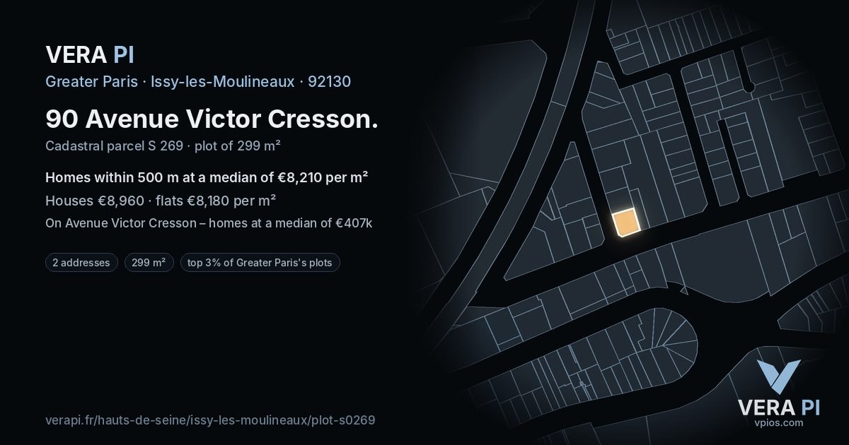 90 Avenue Victor Cresson, Issy-les-Moulineaux at night – the plot lit, the parcels around coloured by the prices near them