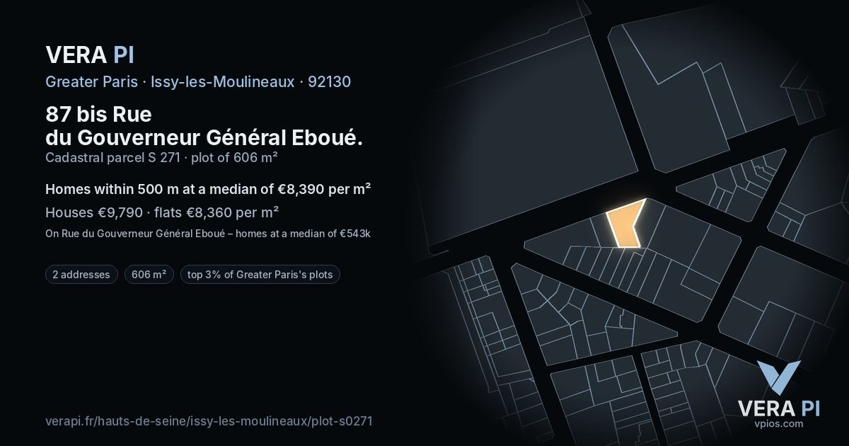87 bis Rue du Gouverneur Général Eboué, Issy-les-Moulineaux at night – the plot lit, the parcels around coloured by the prices near them