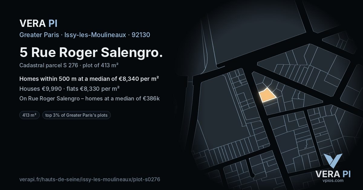 5 Rue Roger Salengro, Issy-les-Moulineaux at night – the plot lit, the parcels around coloured by the prices near them