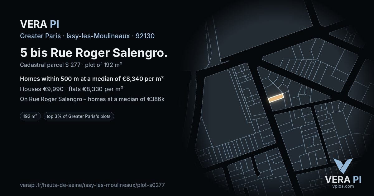 5 bis Rue Roger Salengro, Issy-les-Moulineaux at night – the plot lit, the parcels around coloured by the prices near them