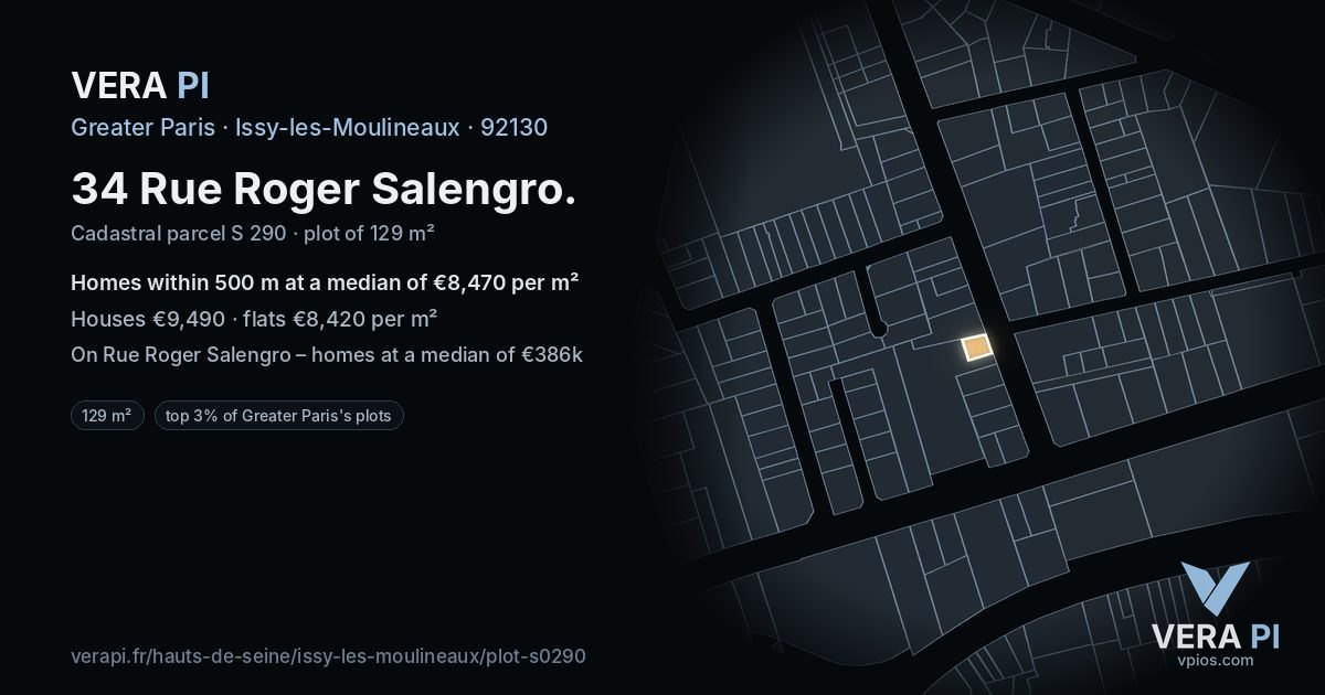 34 Rue Roger Salengro, Issy-les-Moulineaux at night – the plot lit, the parcels around coloured by the prices near them