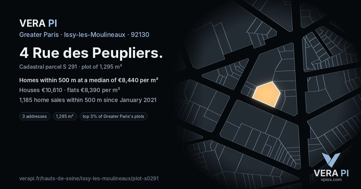 4 Rue des Peupliers, Issy-les-Moulineaux at night – the plot lit, the parcels around coloured by the prices near them