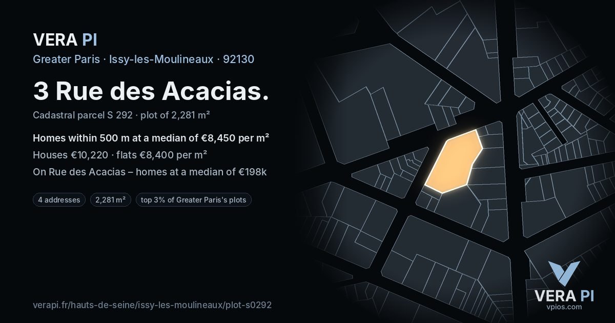 3 Rue des Acacias, Issy-les-Moulineaux at night – the plot lit, the parcels around coloured by the prices near them