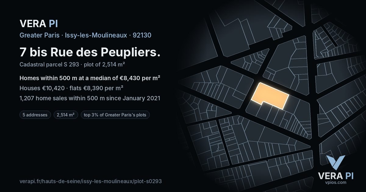 7 bis Rue des Peupliers, Issy-les-Moulineaux at night – the plot lit, the parcels around coloured by the prices near them