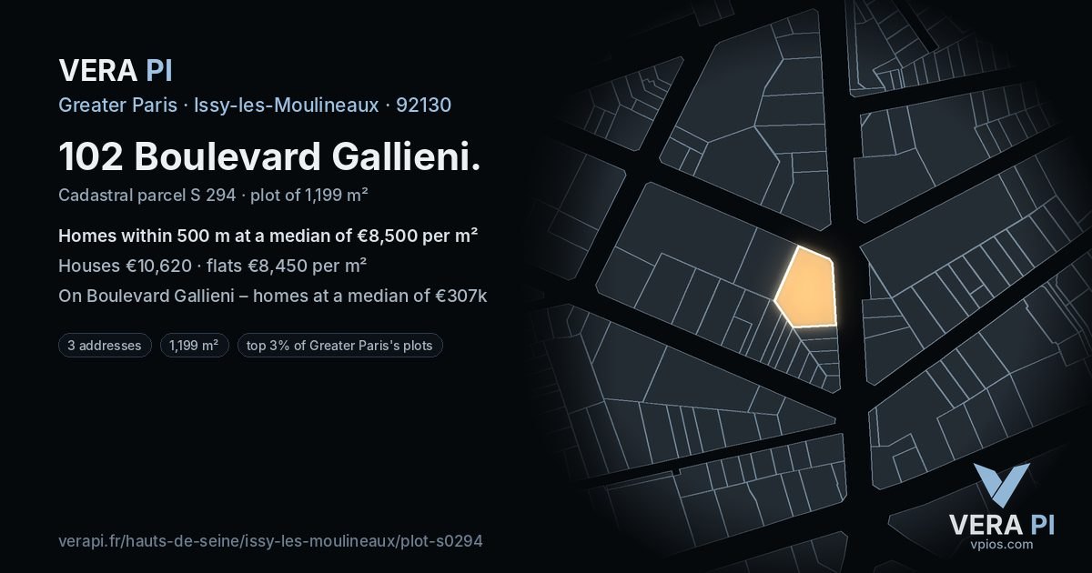 102 Boulevard Gallieni, Issy-les-Moulineaux at night – the plot lit, the parcels around coloured by the prices near them