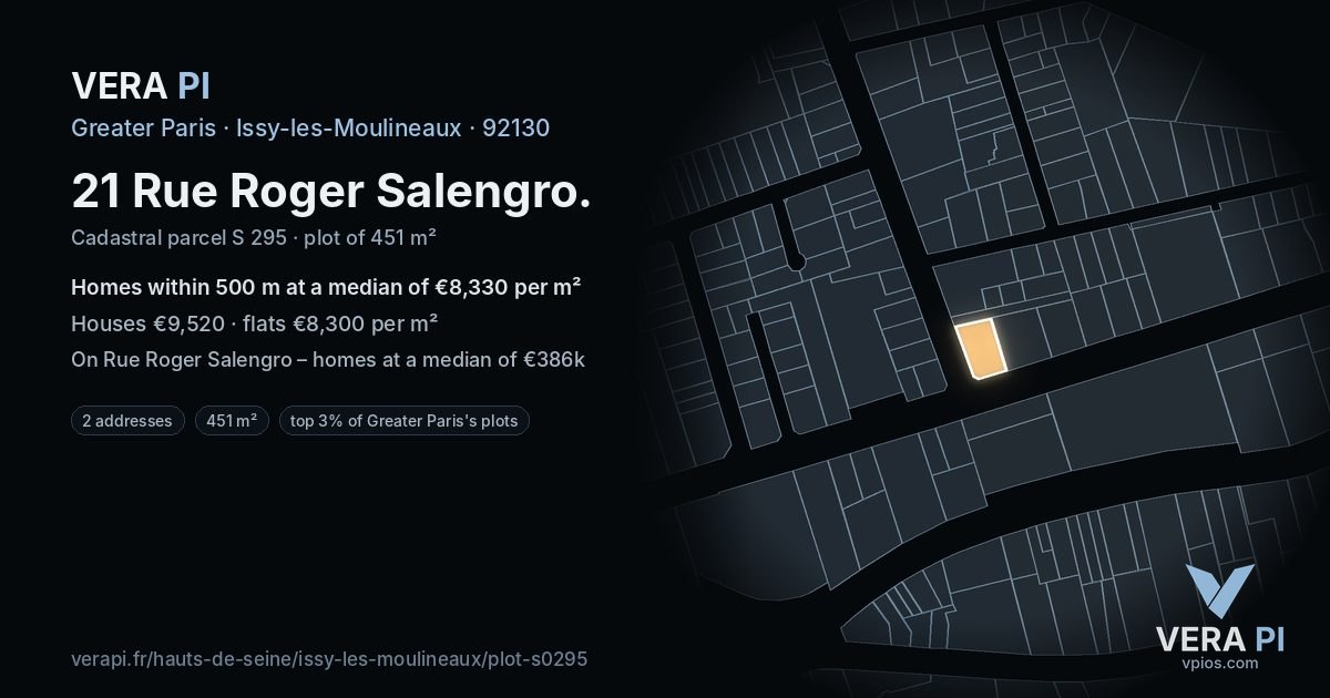21 Rue Roger Salengro, Issy-les-Moulineaux at night – the plot lit, the parcels around coloured by the prices near them