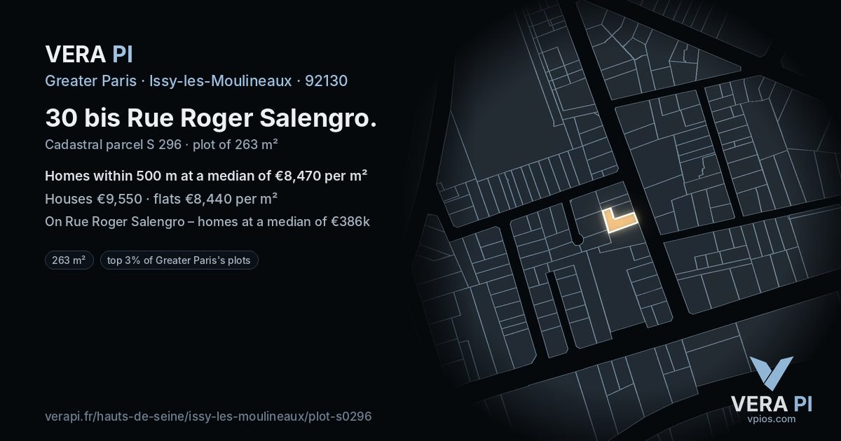 30 bis Rue Roger Salengro, Issy-les-Moulineaux at night – the plot lit, the parcels around coloured by the prices near them