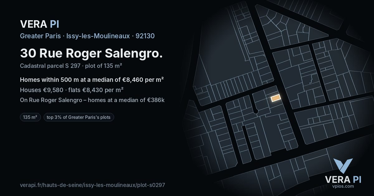 30 Rue Roger Salengro, Issy-les-Moulineaux at night – the plot lit, the parcels around coloured by the prices near them