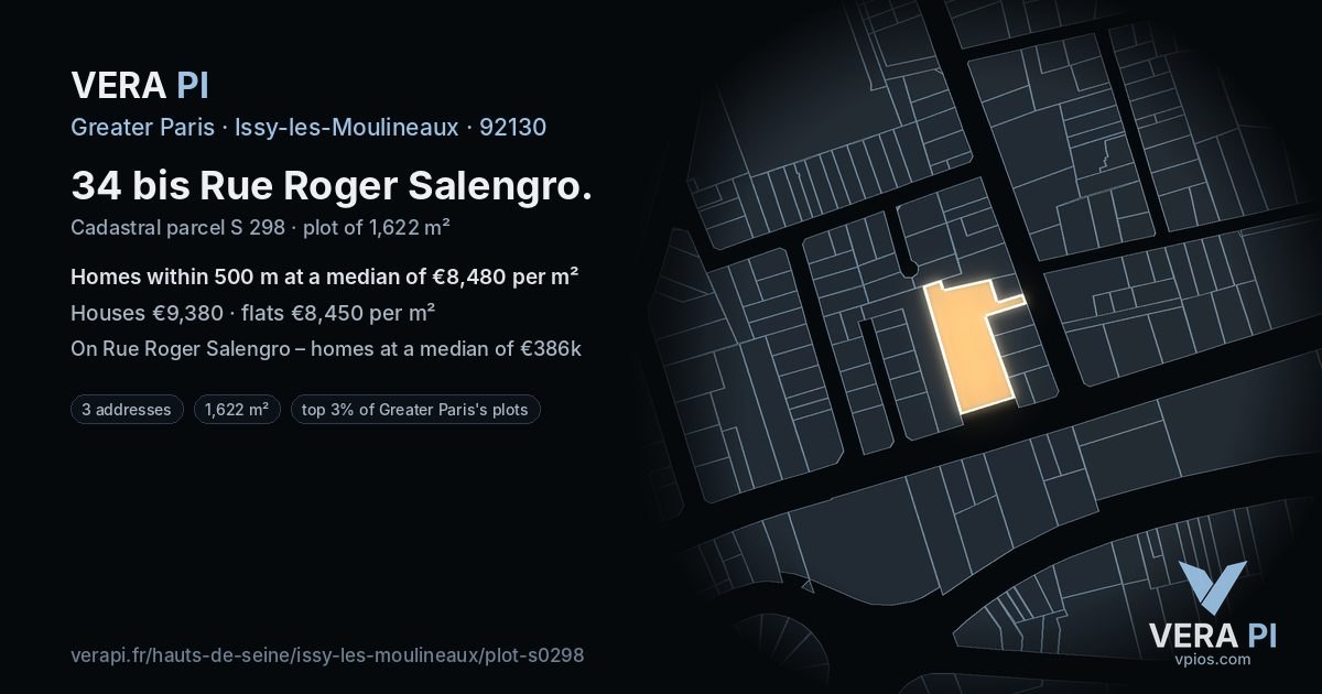 34 bis Rue Roger Salengro, Issy-les-Moulineaux at night – the plot lit, the parcels around coloured by the prices near them