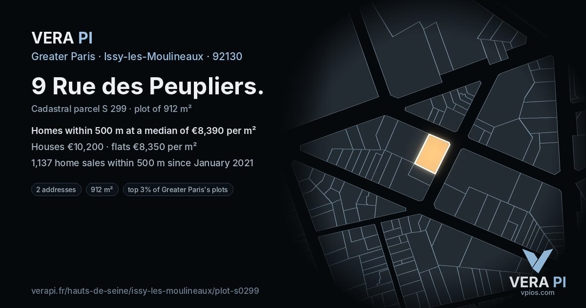 9 Rue des Peupliers, Issy-les-Moulineaux at night – the plot lit, the parcels around coloured by the prices near them