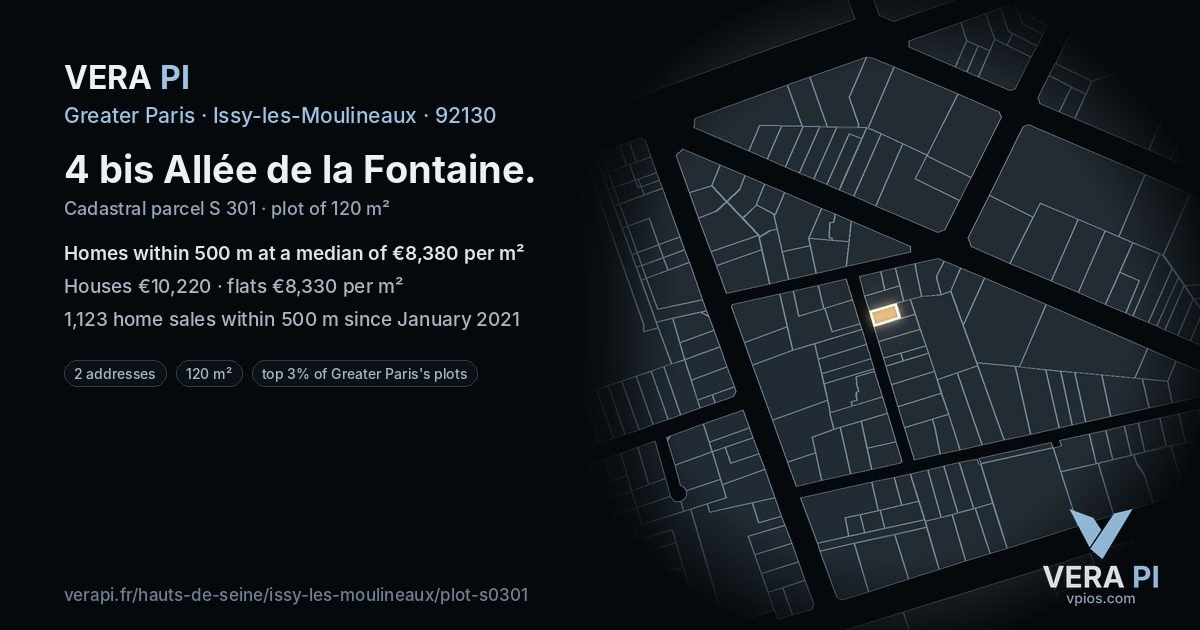 4 bis Allée de la Fontaine, Issy-les-Moulineaux at night – the plot lit, the parcels around coloured by the prices near them