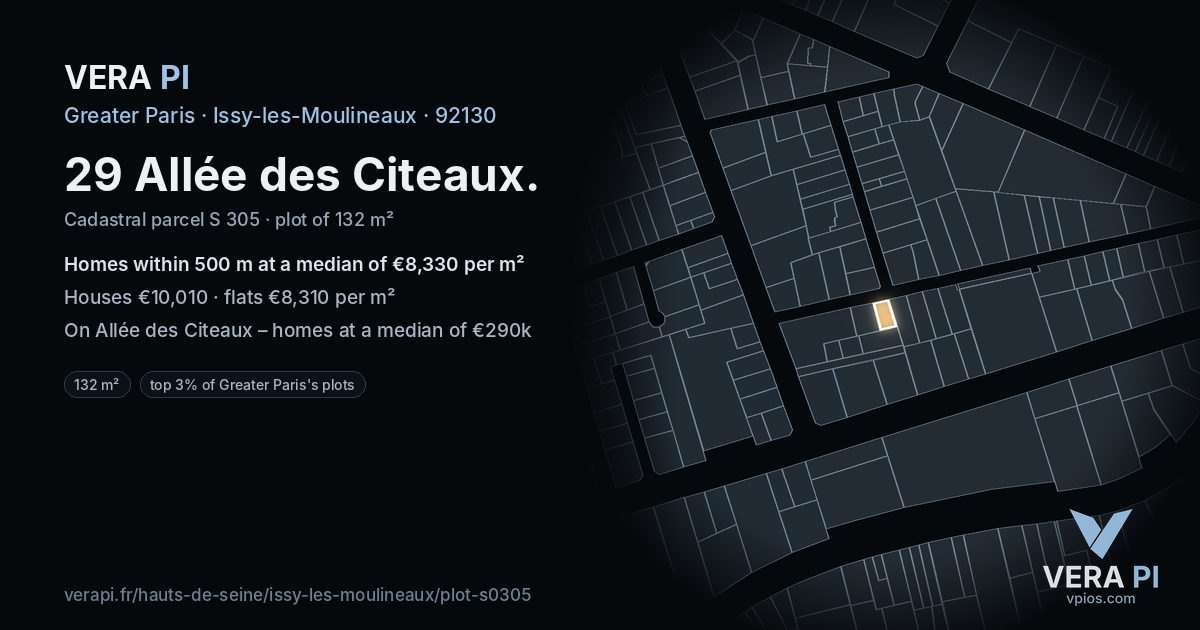 29 Allée des Citeaux, Issy-les-Moulineaux at night – the plot lit, the parcels around coloured by the prices near them